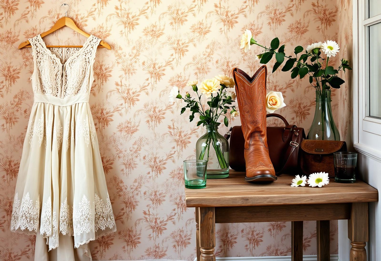 Vintage dress, cowboy boots, florals and green glassware on a wooden table