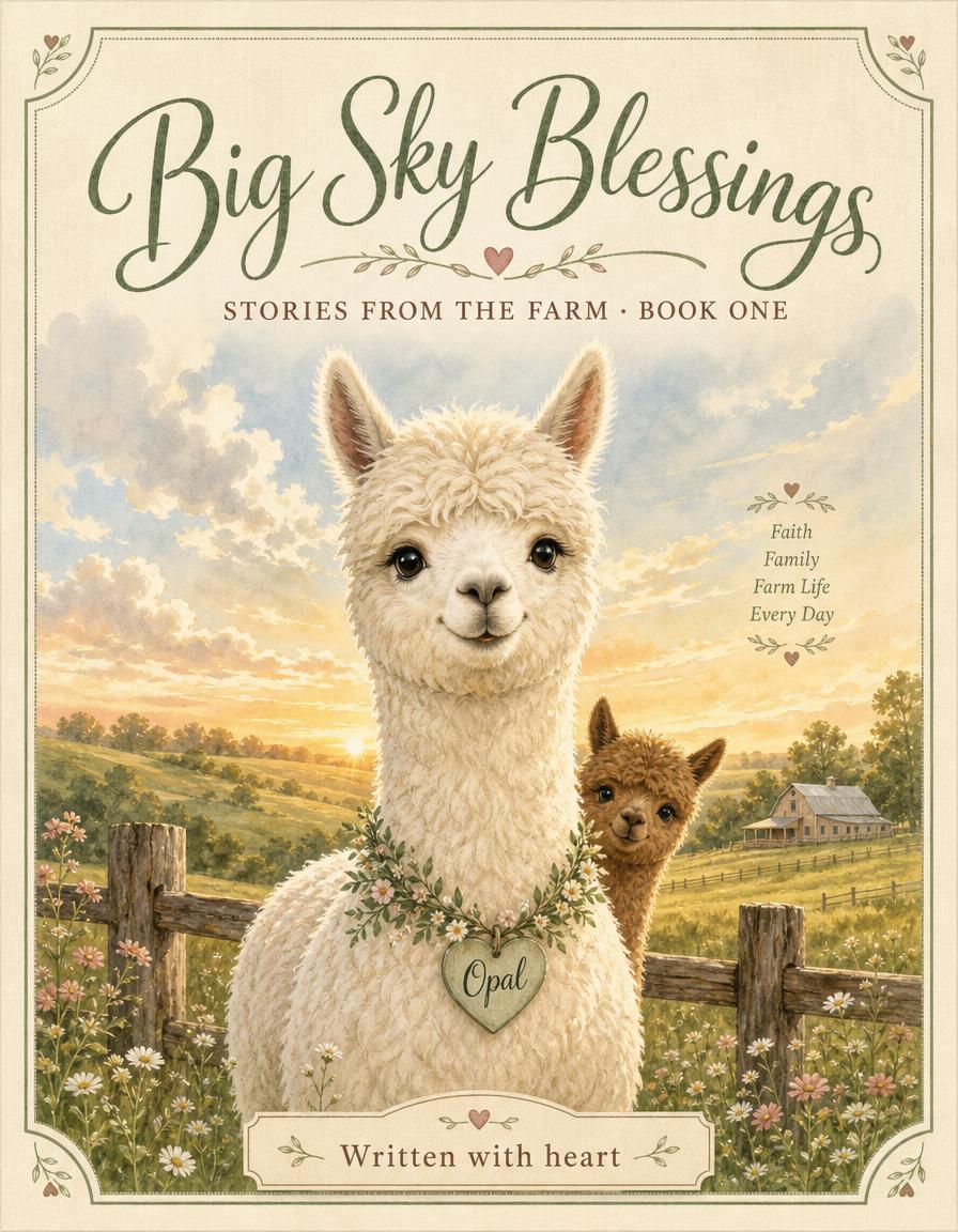 Big Sky Blessings — Stories from the Farm, Book One. Cover featuring Opal the alpaca.